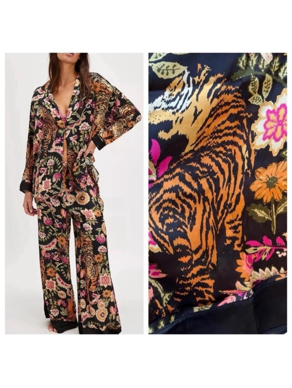 🆕 NWT FP Pajama SET Iron Combo Tiger Floral Print SILKY oversized XL Long Tall - Picture 16 of 16